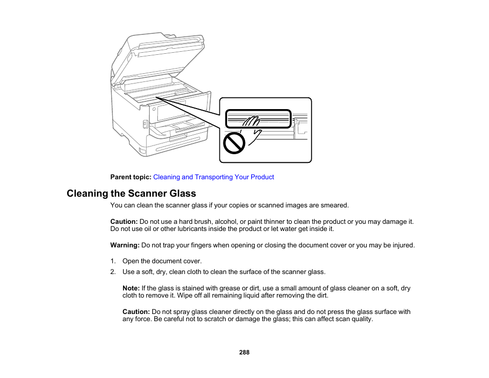 Cleaning the scanner glass | Epson WorkForce Pro WF-C5890 Wireless Color MFP Inkjet Printer User Manual | Page 288 / 426