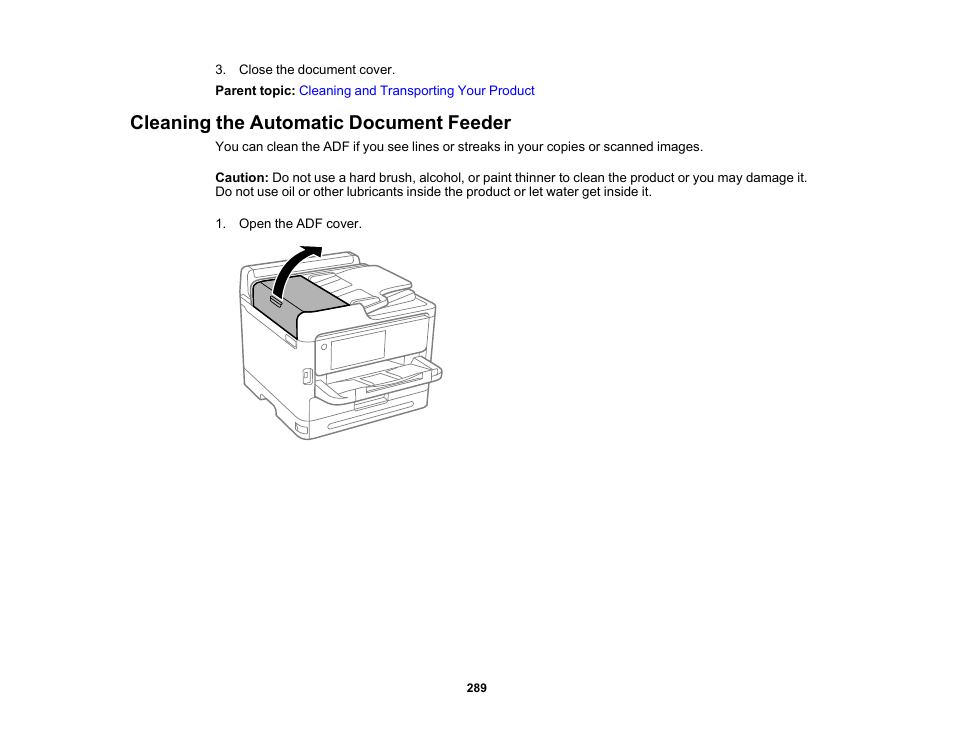 Cleaning the automatic document feeder | Epson WorkForce Pro WF-C5890 Wireless Color MFP Inkjet Printer User Manual | Page 289 / 426