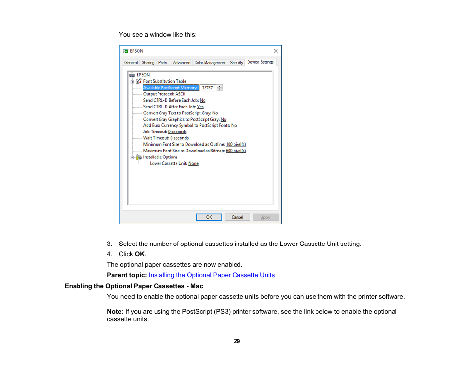 Enabling the optional paper cassettes - mac | Epson WorkForce Pro WF-C5890 Wireless Color MFP Inkjet Printer User Manual | Page 29 / 426