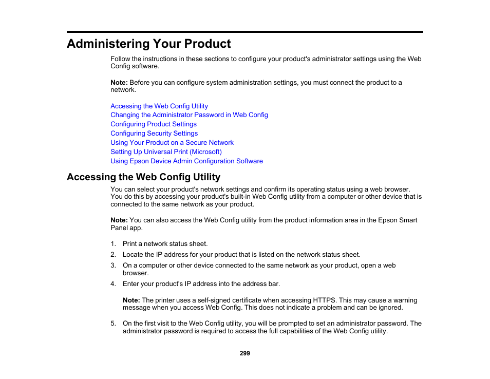 Administering your product, Accessing the web config utility | Epson WorkForce Pro WF-C5890 Wireless Color MFP Inkjet Printer User Manual | Page 299 / 426