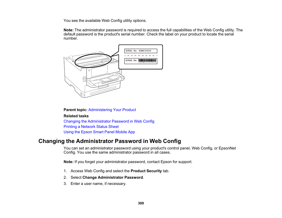 Changing the administrator password in web config | Epson WorkForce Pro WF-C5890 Wireless Color MFP Inkjet Printer User Manual | Page 300 / 426