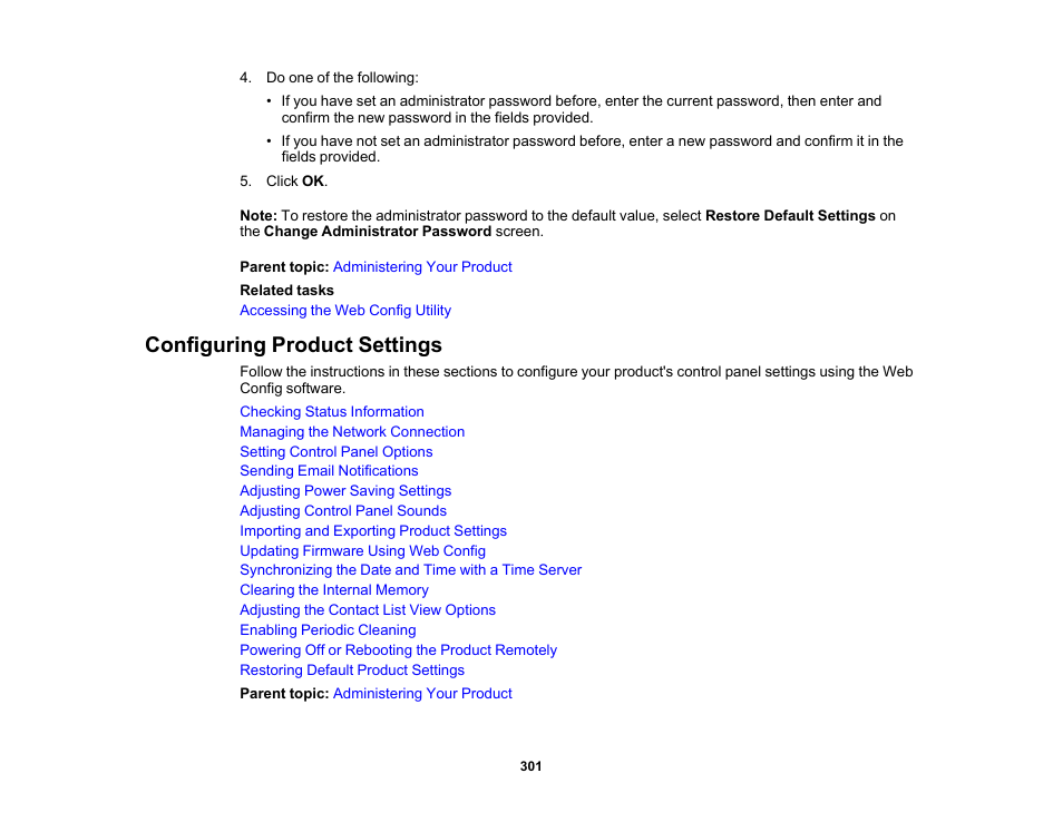 Configuring product settings | Epson WorkForce Pro WF-C5890 Wireless Color MFP Inkjet Printer User Manual | Page 301 / 426