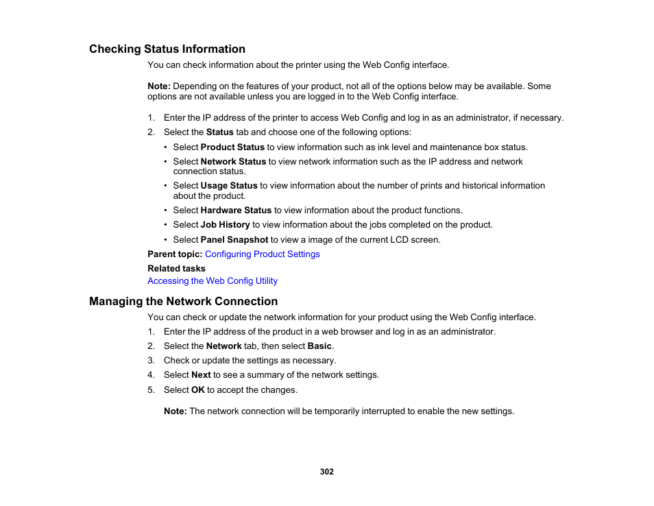 Checking status information, Managing the network connection | Epson WorkForce Pro WF-C5890 Wireless Color MFP Inkjet Printer User Manual | Page 302 / 426