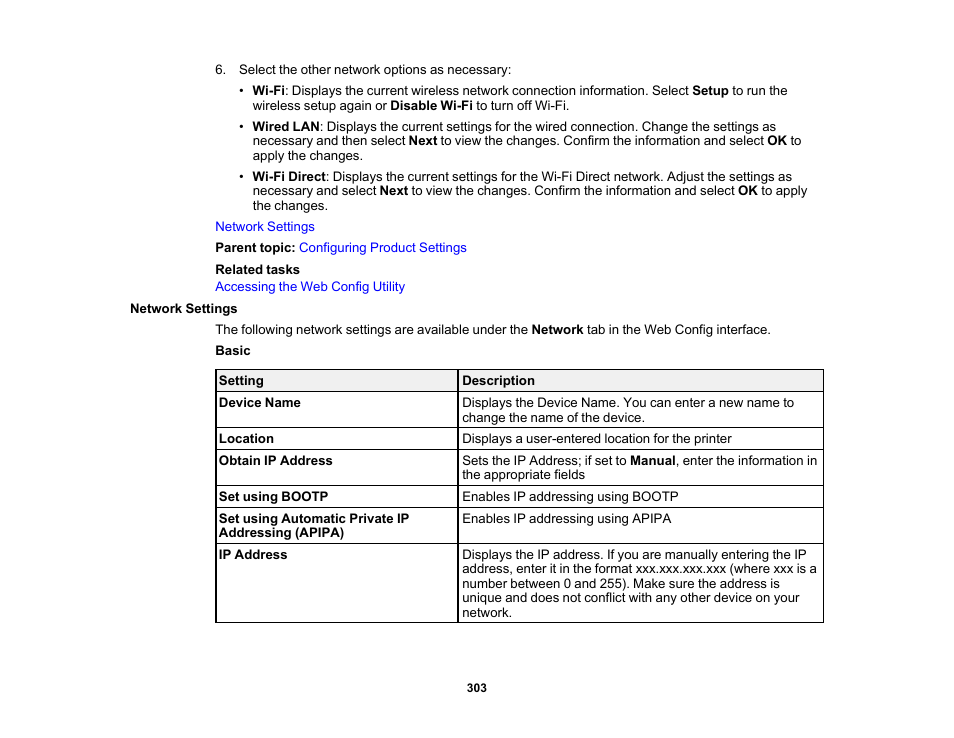 Network settings | Epson WorkForce Pro WF-C5890 Wireless Color MFP Inkjet Printer User Manual | Page 303 / 426