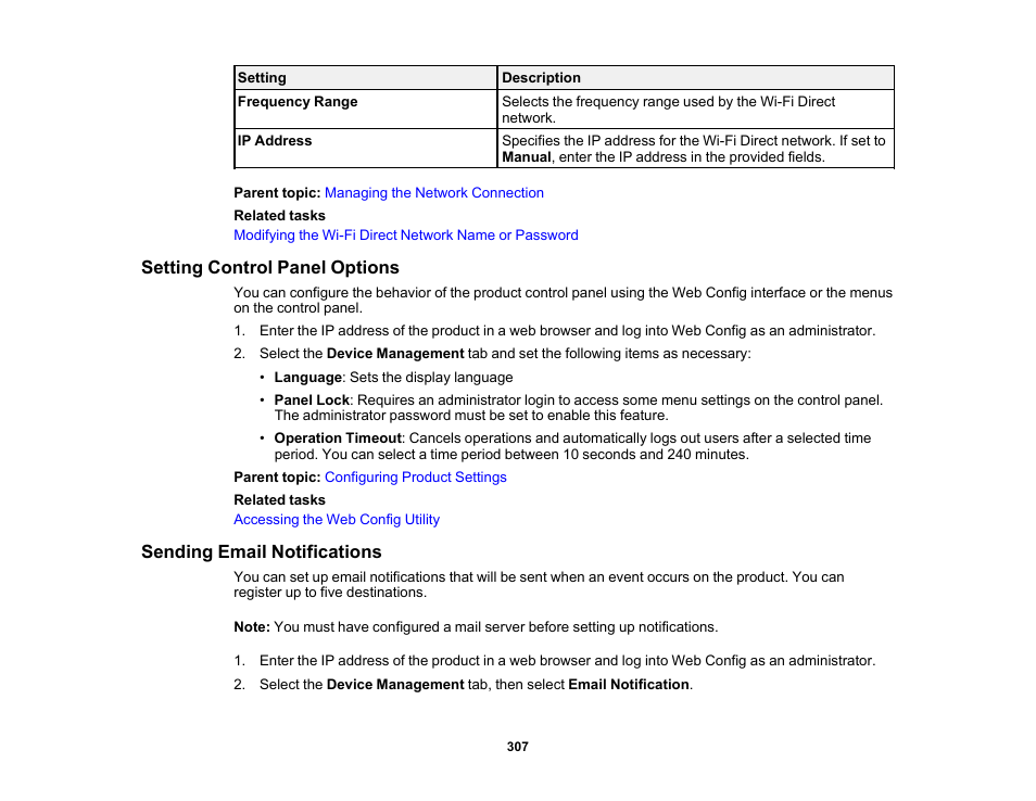 Setting control panel options, Sending email notifications | Epson WorkForce Pro WF-C5890 Wireless Color MFP Inkjet Printer User Manual | Page 307 / 426