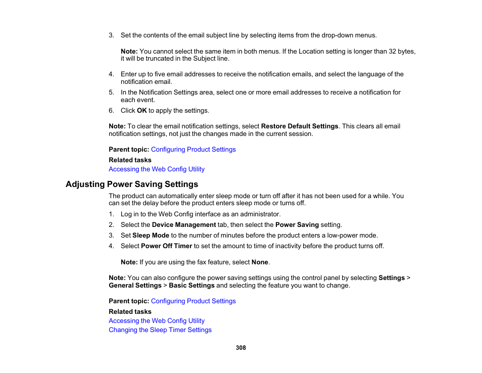 Adjusting power saving settings | Epson WorkForce Pro WF-C5890 Wireless Color MFP Inkjet Printer User Manual | Page 308 / 426