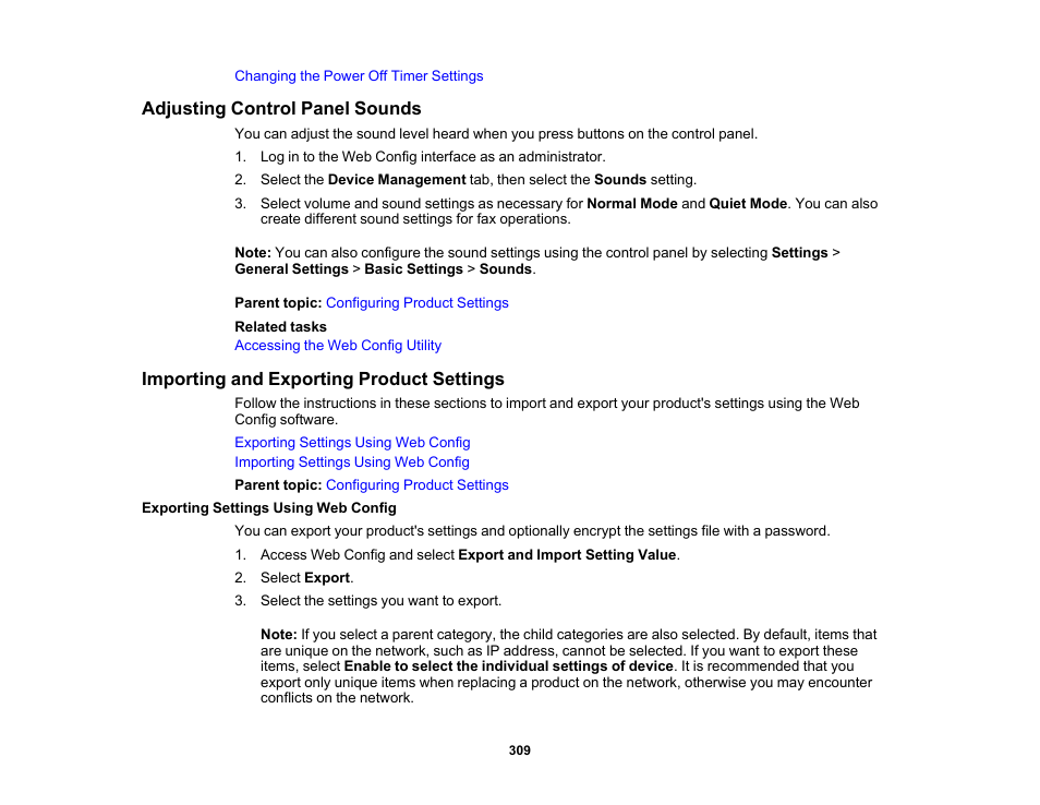 Adjusting control panel sounds, Importing and exporting product settings, Exporting settings using web config | Epson WorkForce Pro WF-C5890 Wireless Color MFP Inkjet Printer User Manual | Page 309 / 426