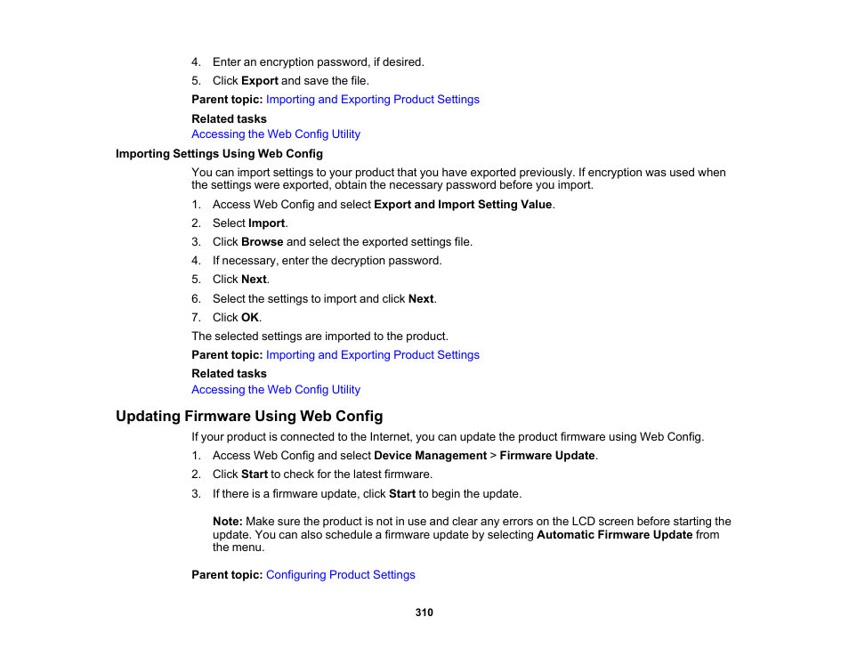 Importing settings using web config, Updating firmware using web config | Epson WorkForce Pro WF-C5890 Wireless Color MFP Inkjet Printer User Manual | Page 310 / 426