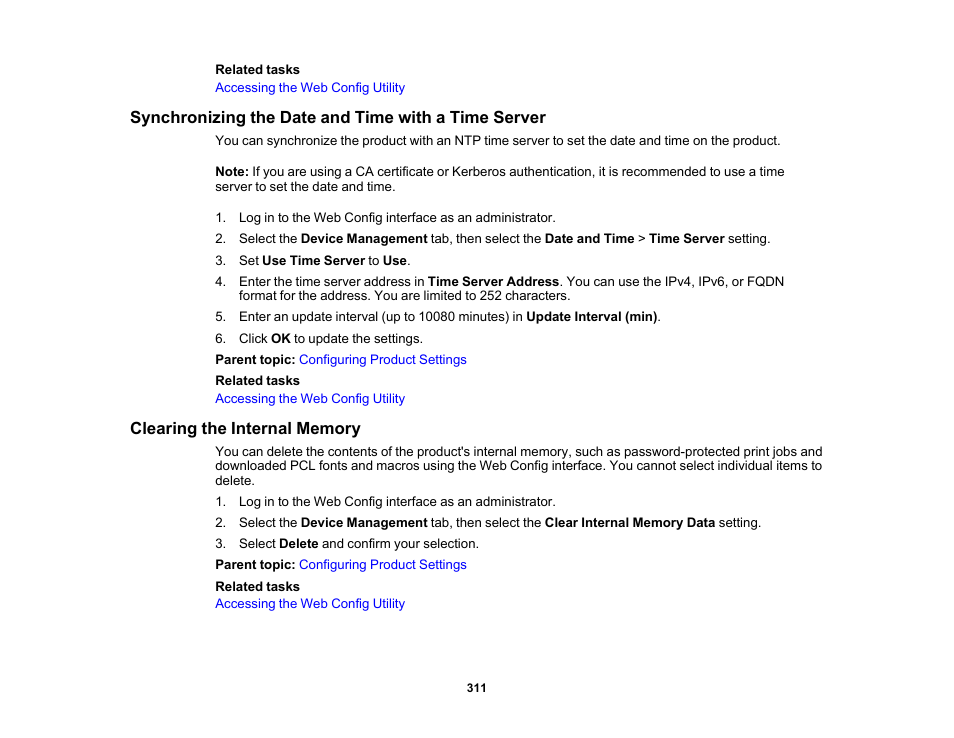 Synchronizing the date and time with a time server, Clearing the internal memory | Epson WorkForce Pro WF-C5890 Wireless Color MFP Inkjet Printer User Manual | Page 311 / 426