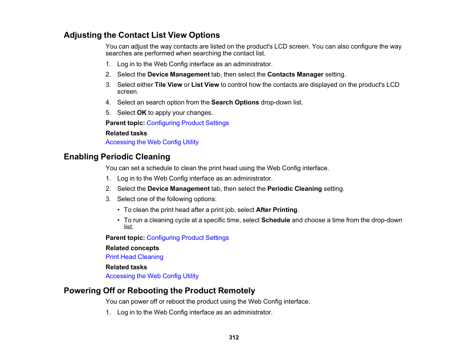 Adjusting the contact list view options, Enabling periodic cleaning, Powering off or rebooting the product remotely | Epson WorkForce Pro WF-C5890 Wireless Color MFP Inkjet Printer User Manual | Page 312 / 426