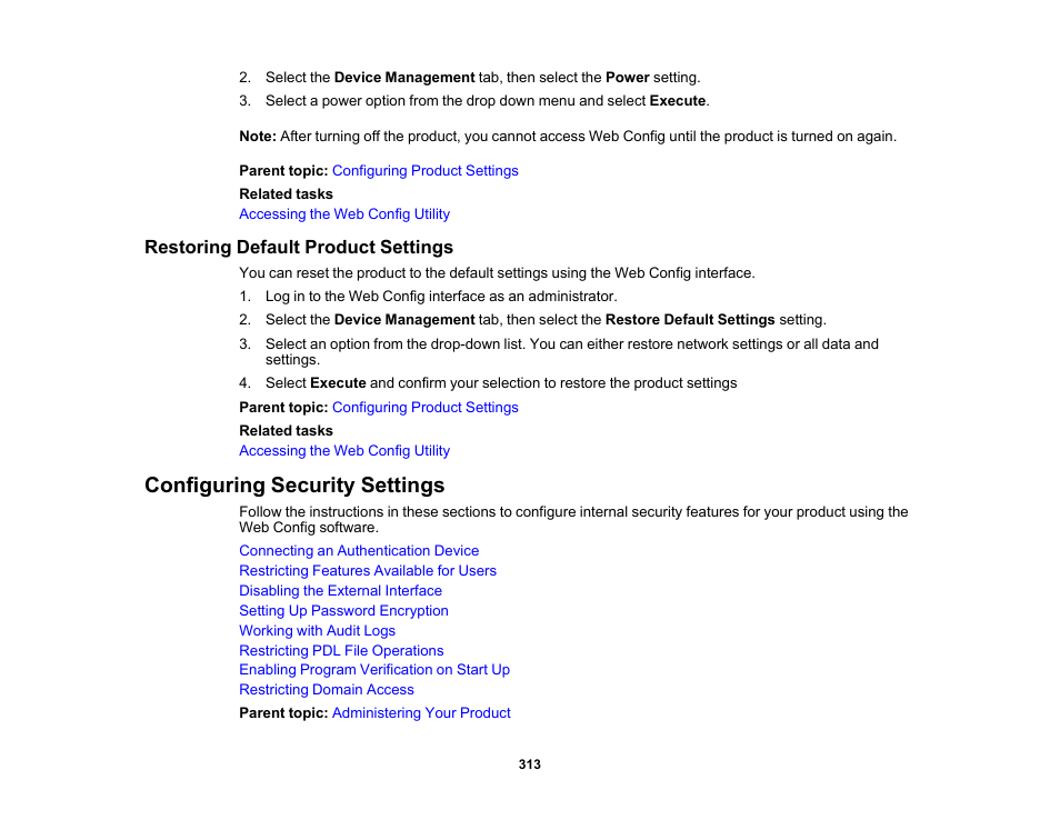 Restoring default product settings, Configuring security settings | Epson WorkForce Pro WF-C5890 Wireless Color MFP Inkjet Printer User Manual | Page 313 / 426