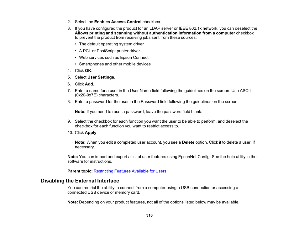 Disabling the external interface | Epson WorkForce Pro WF-C5890 Wireless Color MFP Inkjet Printer User Manual | Page 316 / 426