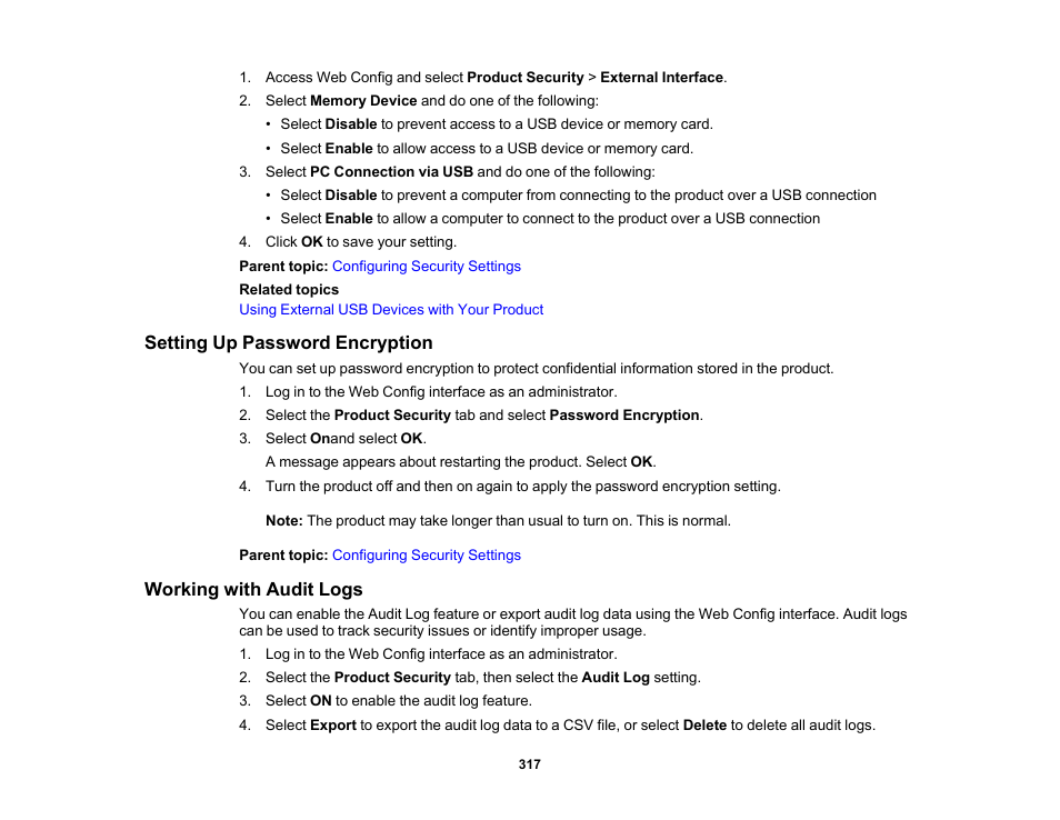 Setting up password encryption, Working with audit logs | Epson WorkForce Pro WF-C5890 Wireless Color MFP Inkjet Printer User Manual | Page 317 / 426