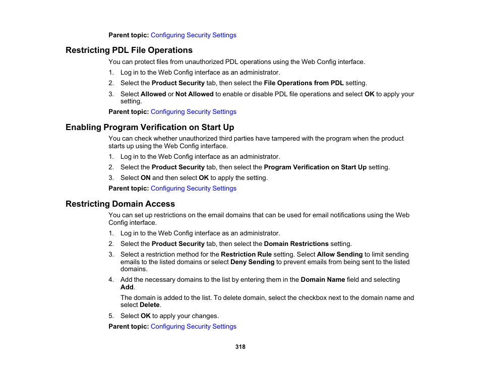 Restricting pdl file operations, Enabling program verification on start up, Restricting domain access | Epson WorkForce Pro WF-C5890 Wireless Color MFP Inkjet Printer User Manual | Page 318 / 426