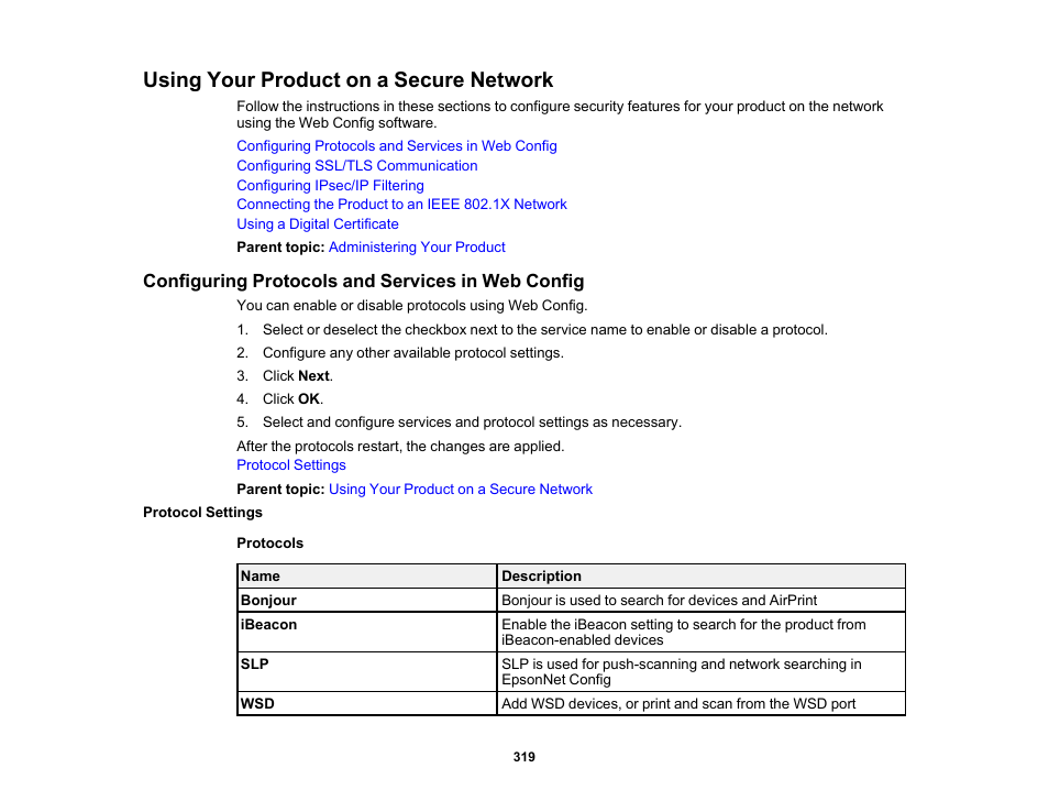 Using your product on a secure network, Configuring protocols and services in web config, Protocol settings | Epson WorkForce Pro WF-C5890 Wireless Color MFP Inkjet Printer User Manual | Page 319 / 426