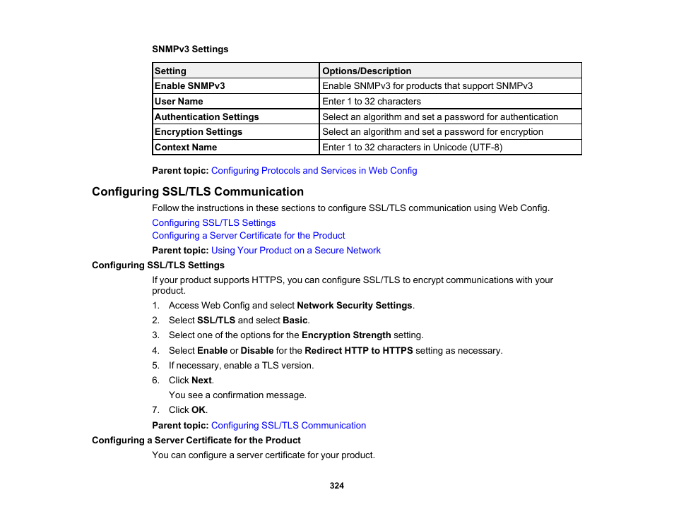 Configuring ssl/tls communication, Configuring ssl/tls settings, Configuring a server certificate for the product | Epson WorkForce Pro WF-C5890 Wireless Color MFP Inkjet Printer User Manual | Page 324 / 426