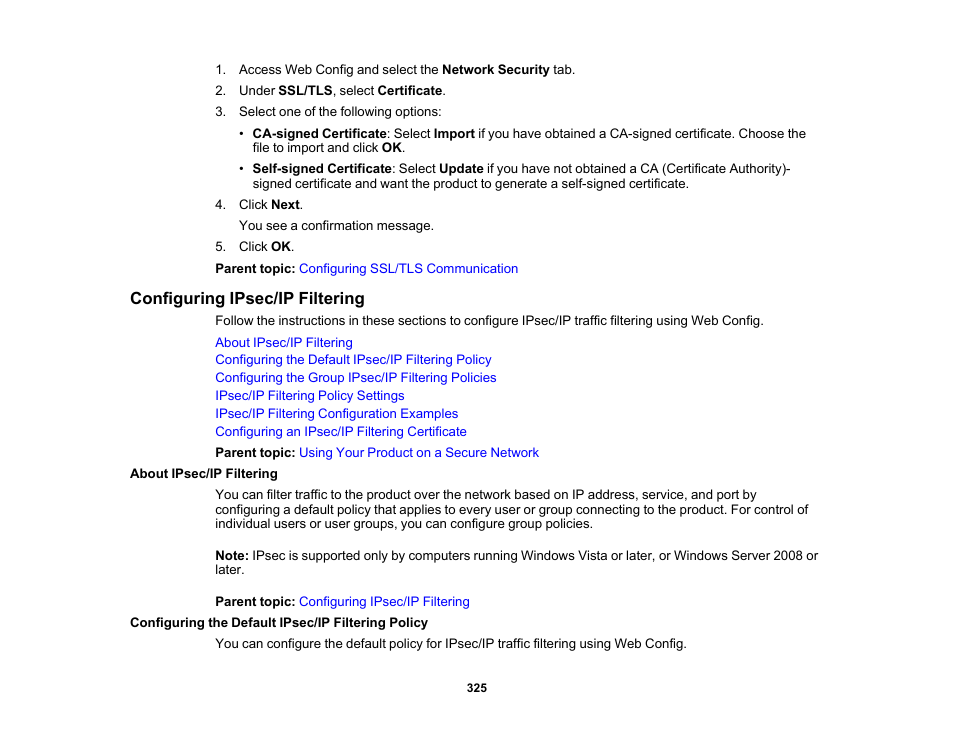 Configuring ipsec/ip filtering, About ipsec/ip filtering, Configuring the default ipsec/ip filtering policy | Epson WorkForce Pro WF-C5890 Wireless Color MFP Inkjet Printer User Manual | Page 325 / 426