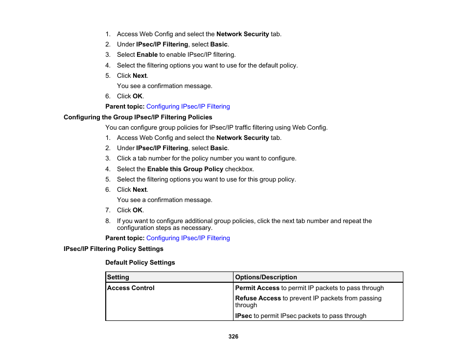 Configuring the group ipsec/ip filtering policies, Ipsec/ip filtering policy settings | Epson WorkForce Pro WF-C5890 Wireless Color MFP Inkjet Printer User Manual | Page 326 / 426