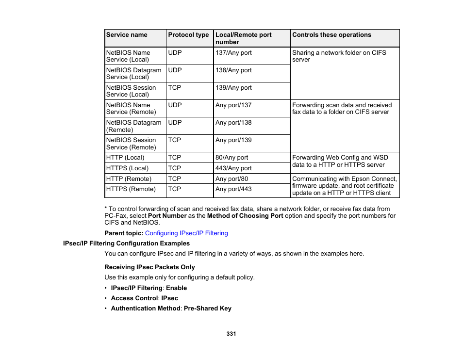 Ipsec/ip filtering configuration examples | Epson WorkForce Pro WF-C5890 Wireless Color MFP Inkjet Printer User Manual | Page 331 / 426