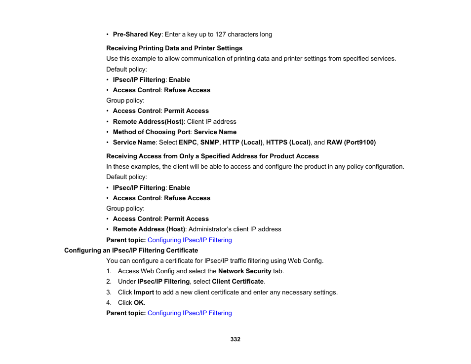 Configuring an ipsec/ip filtering certificate | Epson WorkForce Pro WF-C5890 Wireless Color MFP Inkjet Printer User Manual | Page 332 / 426