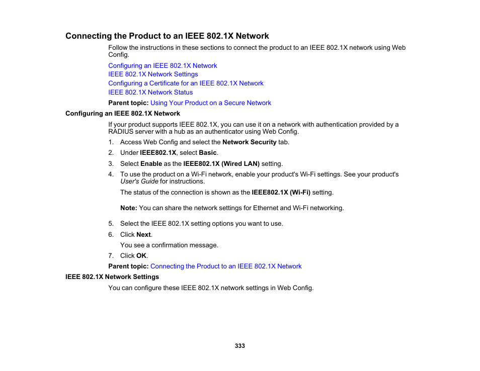 Connecting the product to an ieee 802.1x network, Configuring an ieee 802.1x network, Ieee 802.1x network settings | Epson WorkForce Pro WF-C5890 Wireless Color MFP Inkjet Printer User Manual | Page 333 / 426