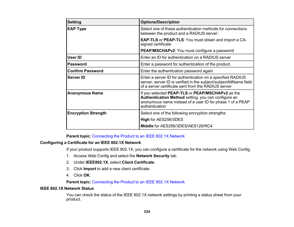 Ieee 802.1x network status | Epson WorkForce Pro WF-C5890 Wireless Color MFP Inkjet Printer User Manual | Page 334 / 426