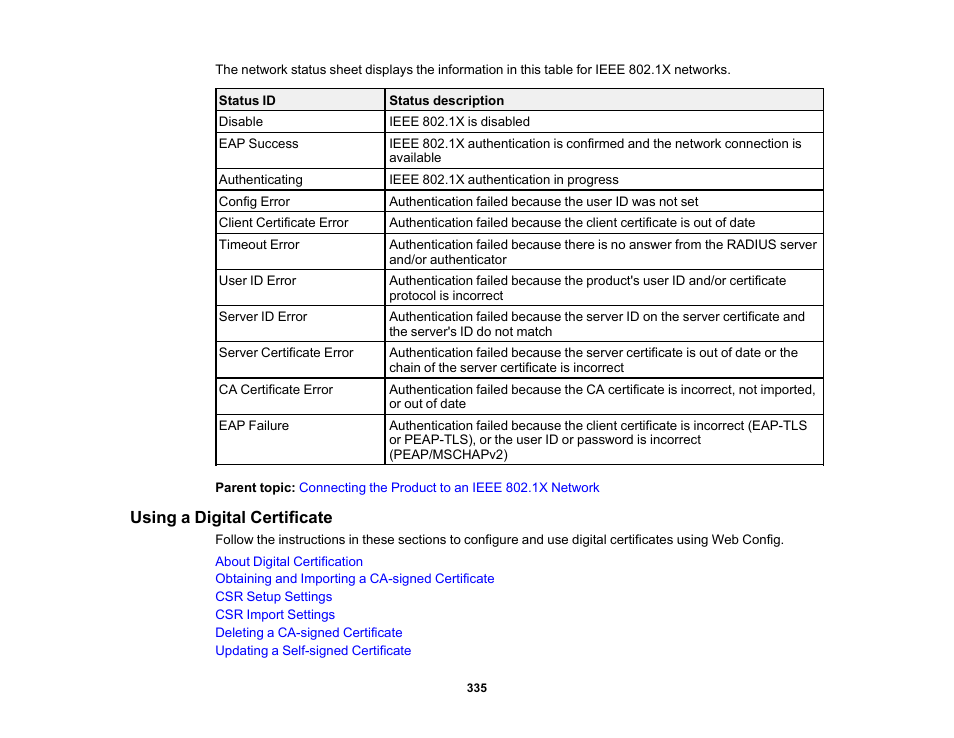 Using a digital certificate | Epson WorkForce Pro WF-C5890 Wireless Color MFP Inkjet Printer User Manual | Page 335 / 426