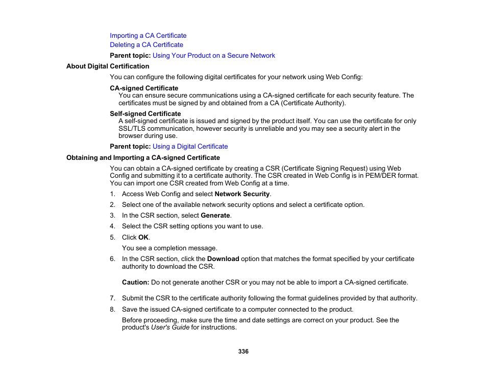 About digital certification, Obtaining and importing a ca-signed certificate | Epson WorkForce Pro WF-C5890 Wireless Color MFP Inkjet Printer User Manual | Page 336 / 426