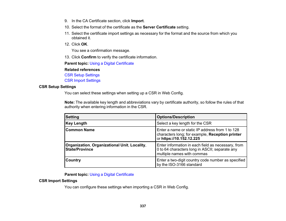 Csr setup settings, Csr import settings, Csr setup settings csr import settings | Epson WorkForce Pro WF-C5890 Wireless Color MFP Inkjet Printer User Manual | Page 337 / 426