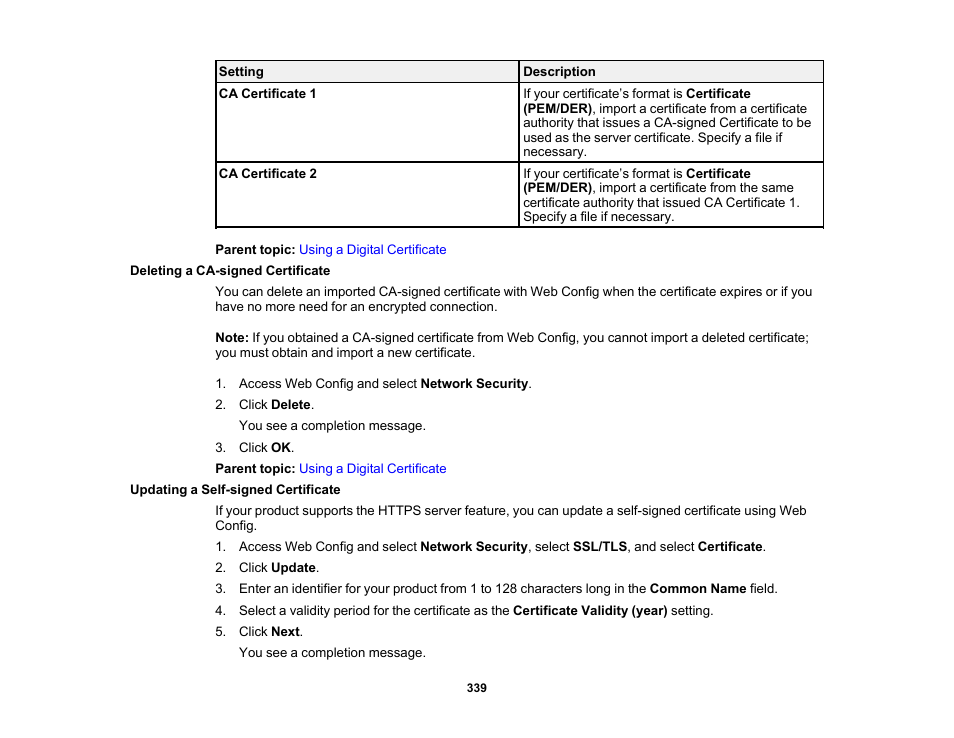 Deleting a ca-signed certificate, Updating a self-signed certificate | Epson WorkForce Pro WF-C5890 Wireless Color MFP Inkjet Printer User Manual | Page 339 / 426