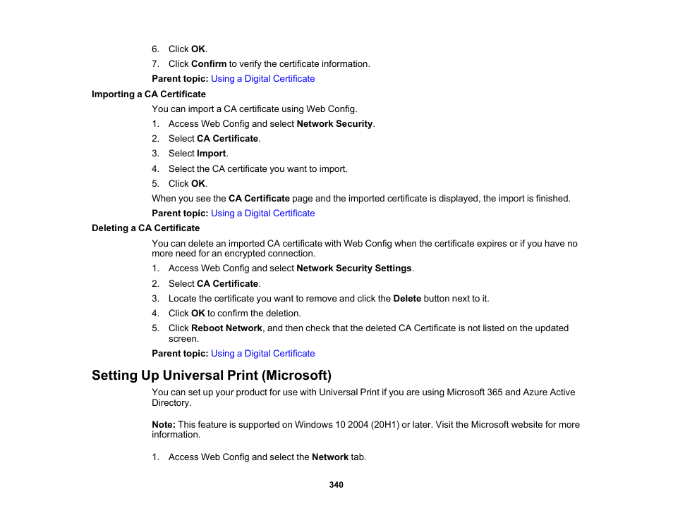 Importing a ca certificate, Deleting a ca certificate, Setting up universal print (microsoft) | Epson WorkForce Pro WF-C5890 Wireless Color MFP Inkjet Printer User Manual | Page 340 / 426