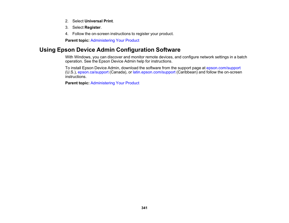 Using epson device admin configuration software | Epson WorkForce Pro WF-C5890 Wireless Color MFP Inkjet Printer User Manual | Page 341 / 426