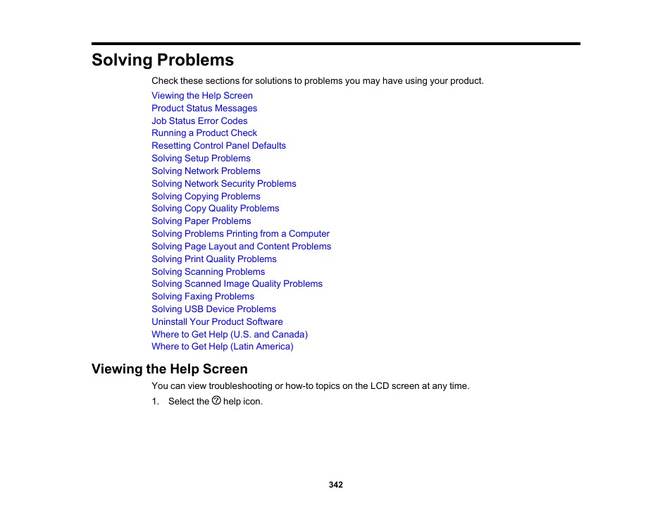 Solving problems, Viewing the help screen | Epson WorkForce Pro WF-C5890 Wireless Color MFP Inkjet Printer User Manual | Page 342 / 426