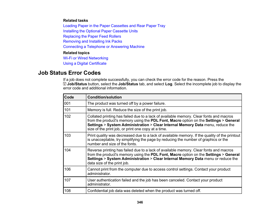 Job status error codes | Epson WorkForce Pro WF-C5890 Wireless Color MFP Inkjet Printer User Manual | Page 346 / 426