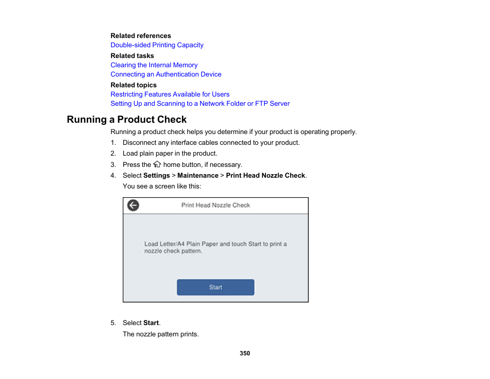 Running a product check | Epson WorkForce Pro WF-C5890 Wireless Color MFP Inkjet Printer User Manual | Page 350 / 426
