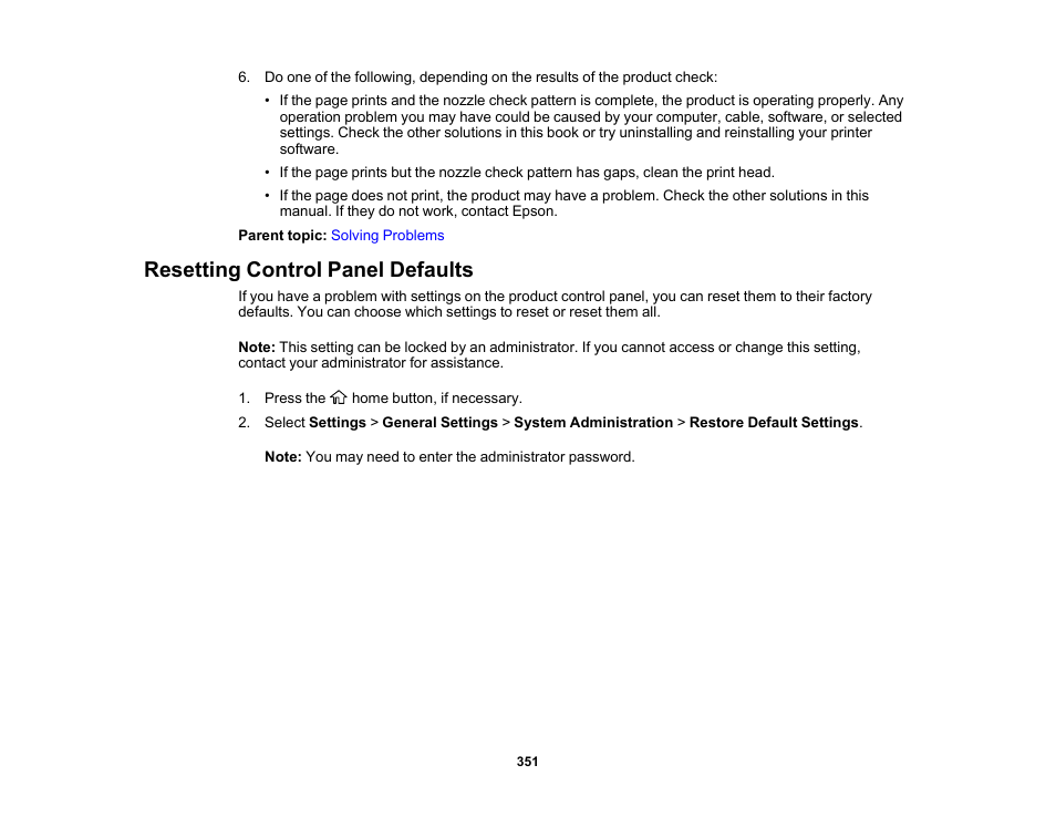 Resetting control panel defaults | Epson WorkForce Pro WF-C5890 Wireless Color MFP Inkjet Printer User Manual | Page 351 / 426