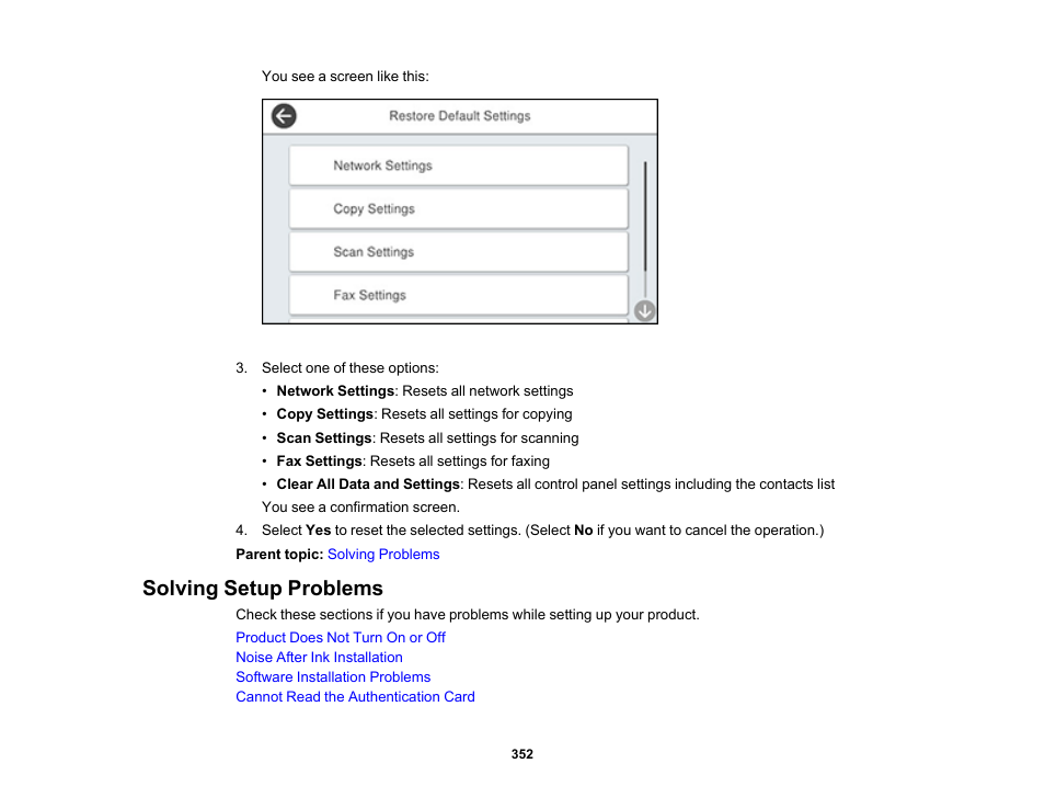 Solving setup problems | Epson WorkForce Pro WF-C5890 Wireless Color MFP Inkjet Printer User Manual | Page 352 / 426