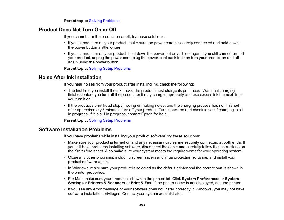 Product does not turn on or off, Noise after ink installation, Software installation problems | Epson WorkForce Pro WF-C5890 Wireless Color MFP Inkjet Printer User Manual | Page 353 / 426