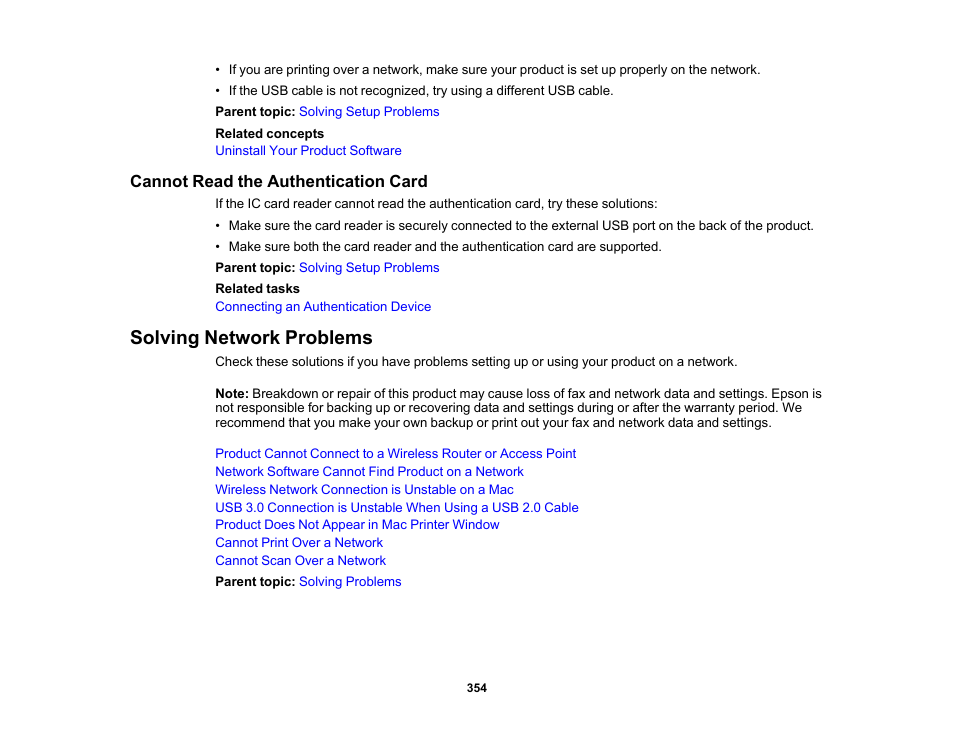 Cannot read the authentication card, Solving network problems | Epson WorkForce Pro WF-C5890 Wireless Color MFP Inkjet Printer User Manual | Page 354 / 426