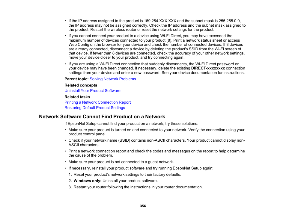 Network software cannot find product on a network | Epson WorkForce Pro WF-C5890 Wireless Color MFP Inkjet Printer User Manual | Page 356 / 426