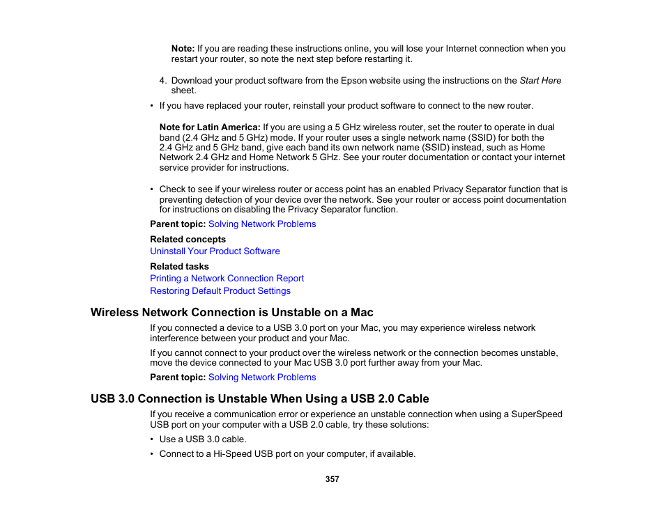 Wireless network connection is unstable on a mac | Epson WorkForce Pro WF-C5890 Wireless Color MFP Inkjet Printer User Manual | Page 357 / 426