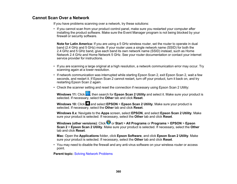 Cannot scan over a network | Epson WorkForce Pro WF-C5890 Wireless Color MFP Inkjet Printer User Manual | Page 360 / 426