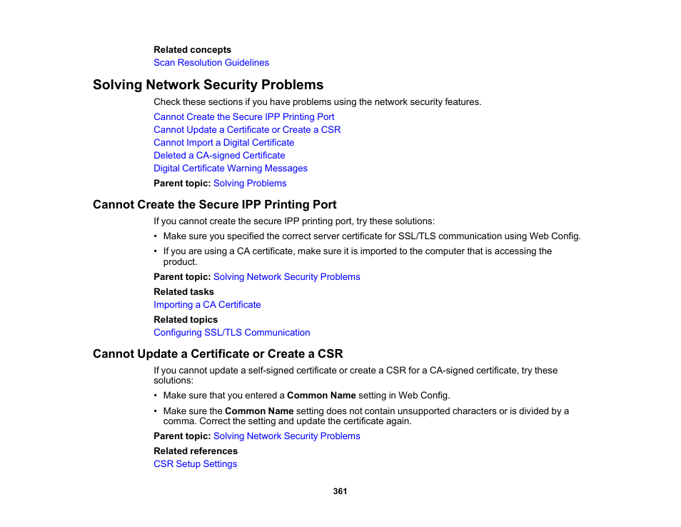 Solving network security problems, Cannot create the secure ipp printing port, Cannot update a certificate or create a csr | Epson WorkForce Pro WF-C5890 Wireless Color MFP Inkjet Printer User Manual | Page 361 / 426