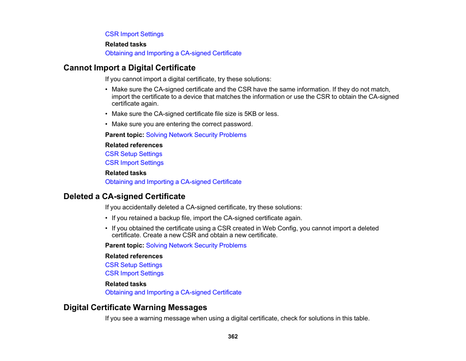 Cannot import a digital certificate, Deleted a ca-signed certificate, Digital certificate warning messages | Epson WorkForce Pro WF-C5890 Wireless Color MFP Inkjet Printer User Manual | Page 362 / 426