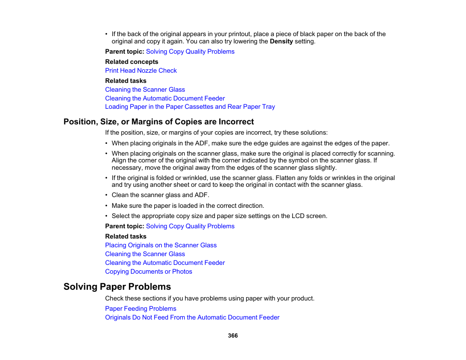 Position, size, or margins of copies are incorrect, Solving paper problems | Epson WorkForce Pro WF-C5890 Wireless Color MFP Inkjet Printer User Manual | Page 366 / 426