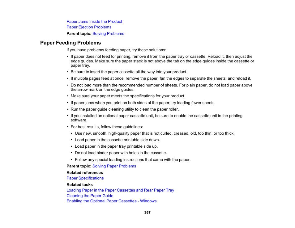 Paper feeding problems | Epson WorkForce Pro WF-C5890 Wireless Color MFP Inkjet Printer User Manual | Page 367 / 426