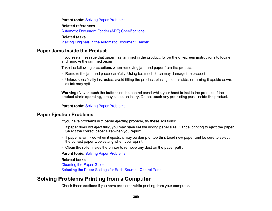 Paper jams inside the product, Paper ejection problems, Solving problems printing from a computer | Epson WorkForce Pro WF-C5890 Wireless Color MFP Inkjet Printer User Manual | Page 369 / 426