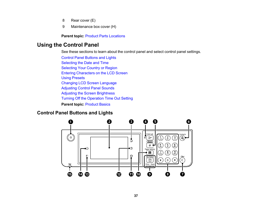 Using the control panel, Control panel buttons and lights | Epson WorkForce Pro WF-C5890 Wireless Color MFP Inkjet Printer User Manual | Page 37 / 426