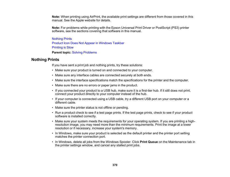 Nothing prints | Epson WorkForce Pro WF-C5890 Wireless Color MFP Inkjet Printer User Manual | Page 370 / 426