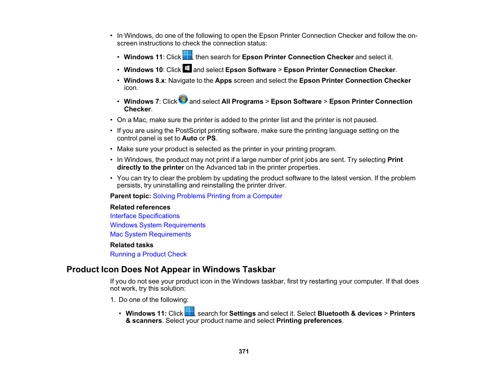 Product icon does not appear in windows taskbar | Epson WorkForce Pro WF-C5890 Wireless Color MFP Inkjet Printer User Manual | Page 371 / 426